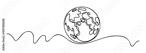 Single line drawing of planet Earth on a wavy line, ideal for environmental, global or exploration themes and digital use.