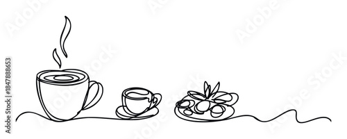 Minimalist line drawing of a steaming coffee cup and a small plate of fruit, perfect for breakfast or cafe ambiance, ideal for refreshment branding and food service promotions.