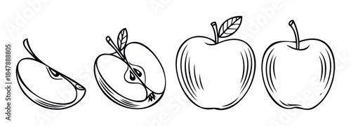 Collection of stylized black and white line drawings depicting whole and sliced apples with leaves and stems for healthy food and natural produce concepts.