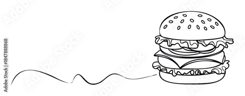 Hand drawn line art of a stacked hamburger with lettuce and cheese, perfect for food advertising and menu graphics.
