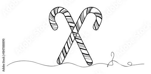 Two festive candy canes crossed with a flowing continuous line, perfect for holiday promotions, greeting cards, and winter celebrations.
