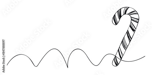 Hand drawn continuous line art candy cane with festive stripes and wavy line, perfect for holiday season celebrations and winter themed projects