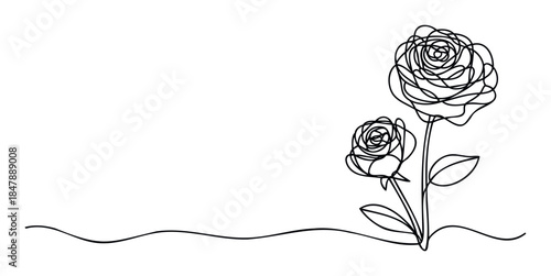 Minimalist continuous line drawing of two roses with stems and leaves, suitable for elegant floral graphics and romantic themes.