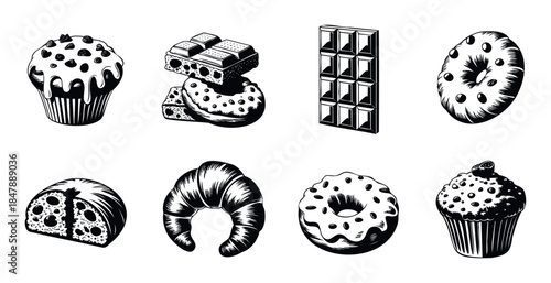 Collection of black and white drawings featuring delicious baked goods like cupcakes, donuts, croissants, and chocolate for bakery menus and food promotion
