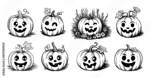 Collection of Happy Halloween pumpkin faces carved with spooky and cheerful expressions, perfect for holiday decorations and seasonal marketing materials
