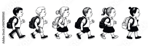 Children with backpacks walking side by side, representing school, education, and childhood, perfect for educational materials and lifestyle promotions.