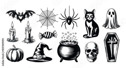 Spooky Halloween icons including bat, spider, ghost, cat, pumpkin, witch hat, cauldron, skull, coffin, and candy for holiday celebrations.