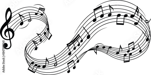 Abstract musical notes wave, flowing music staff, sound melody illustration, creative rhythm design, classical harmony background art