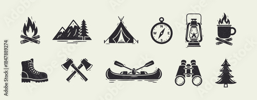 Rustic Black and White Camping Adventure Icons Collection in Grunge Style