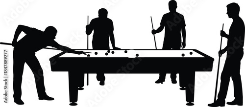 Silhouette men playing billiards, pool game competition, cue sport players, recreation activity, teamwork concept, leisure time illustration