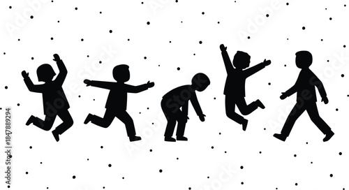 Silhouette children jumping and playing, joyful kids activity, playful movement, childhood fun concept, freedom happiness illustration