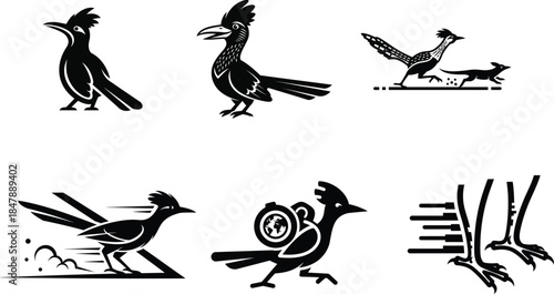Unique collection of fast bird graphics featuring the famous roadrunner in sprinting action for energetic visual communication goals.