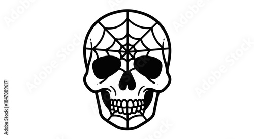 Stylized black and white illustration of a human skull featuring an intricate spiderweb design on its forehead, ideal for Halloween, graphic apparel, or spooky themed projects