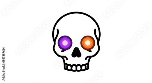 A stylized cartoon skull with vibrant purple and orange eyes, symbolizing mystery and the unknown, set against a clean white background