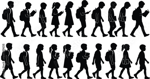 Set of school children silhouettes with backpacks and books walking to class, diverse boys and girls students going to school, isolated.