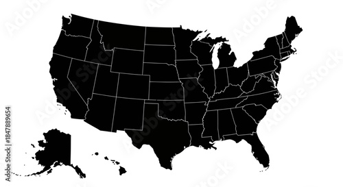 Black silhouette map of the United States, accurately depicting all 50 states with distinct internal borders, a graphic representing national geography and political structure