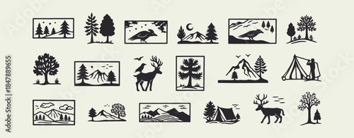 Vintage Outdoor Nature Silhouettes: Forest, Wildlife, Mountains, and Camping Graphic Element Collection.