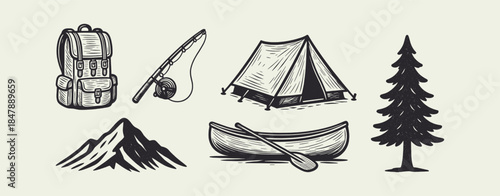 Vintage Camping and Adventure Icons Set: Engraved Backpack, Tent, Canoe, Fishing, and Pine Tree Illustrations.