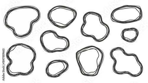 Set of hand drawn scribble doodle frames, abstract sketchy shapes, organic borders, isolated on white background