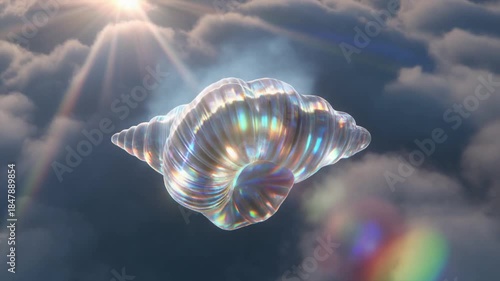 A shimmering, iridescent seashell-like object floating gracefully amidst sunlit clouds in a bright blue sky.