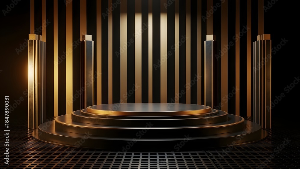 Fototapeta premium Golden stage with vertical bars and spotlight