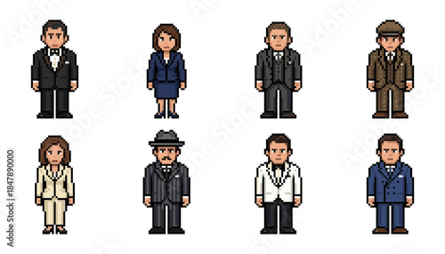 Elegant people pixel style icon set, business suits vintage outfits
