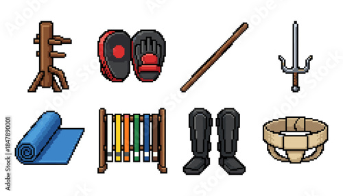 Martial arts equipment pixel style icon set, dojo gear belts weapons