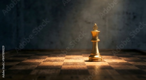 A conceptual image of a golden chess king standing alone on a board against a dark moody background, highlighted by a single spotlight to represent strategic dominance.