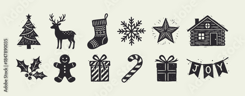 Rustic Christmas Icons Set. Vintage Woodcut Holiday Symbols Collection of Festive Elements.