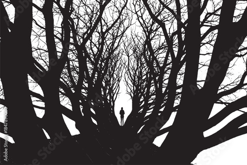 Silhouette of a Lone Figure in Dark Forest Tunnel