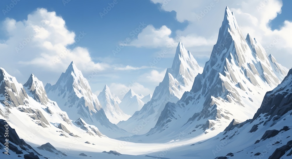 Obraz premium Snowy mountain range with sharp peaks under a blue sky