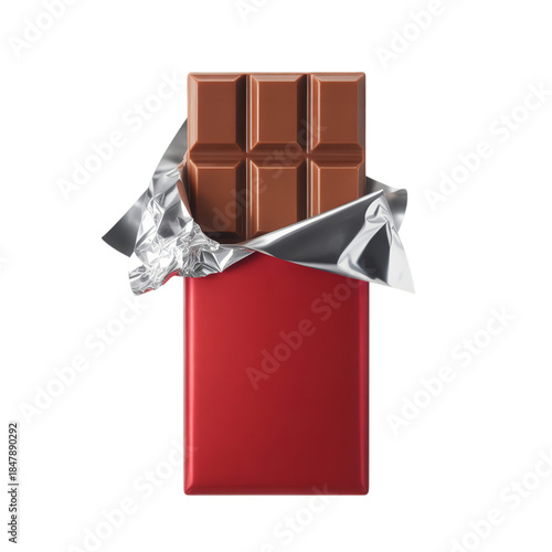 Milk Chocolate Bar Half Unwrapped in Silver Foil with Red Wrapper Sweet Candy Snack Food Icon PNG