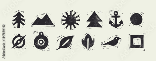 Monochrome Linocut Icon Set for Nature, Adventure, Travel, and Navigation Symbols