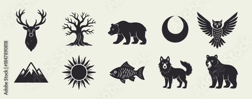 Vintage Nature and Wildlife Vector Icons Set: Deer, Bear, Wolf, Owl, Sun, and Mountains
