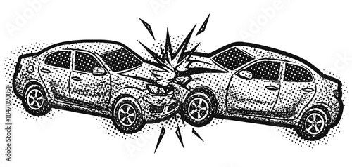 car accident with two vehicles,. car crash illustration in retro halftone style