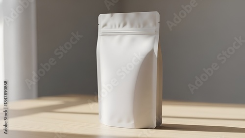 Blank White Stand-Up Pouch Packaging Mockup on Wooden Table