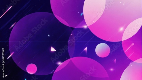 Abstract Purple Bubbles Background with Geometric Shapes and Light Effects.