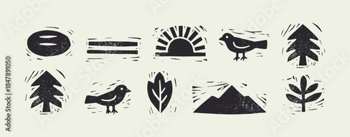 Vintage Distressed Linocut Symbols Set with Nature Elements, Trees, Birds, and Sun