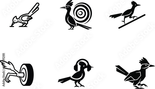 Stock illustration bundle of six roadrunners in black ink style suitable for agriculture ranching and delivery company logos.