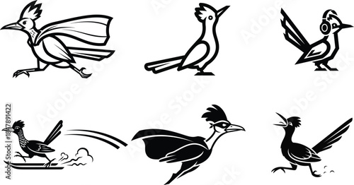 Commercial use vector pack of roadrunner birds for print on demand t-shirts merchandise and corporate identity logo creation.