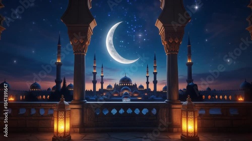Ramadan Kareem Night Scene: Mosque View with Glowing Moon and Lanterns