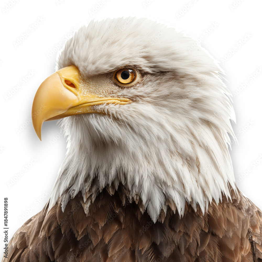 Fototapeta premium Eagle Stands With Sharp Gaze and Strong Beak Looking to the Side, Showing Details of Feathers and Eyes