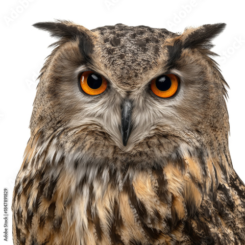 Owl With Bright Orange Eyes Looking Directly at the Viewer in a Close-Up Shot