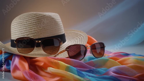 Stylish straw summer hat with sunglasses and colorful silk scarf.