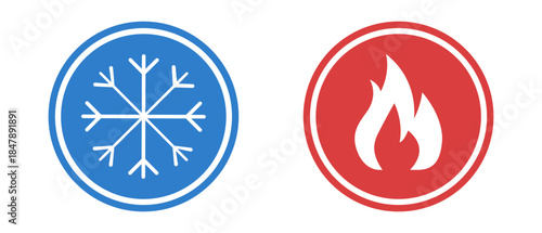 Hot and cold icon with fire and snowflake symbols, climate and weather contrast vector illustration on a transparent background.
