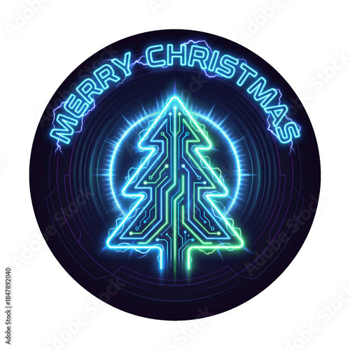 Futuristic neon Christmas tree with merry Christmas text in glowing cyberpunk technology style illustration