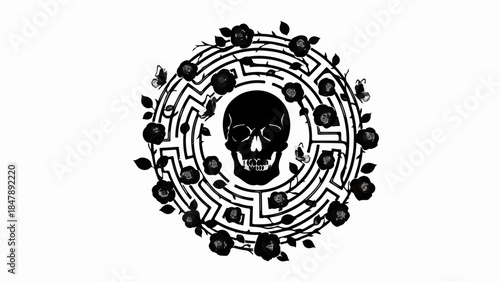 Macabre maze surrounds a skull with dark roses and butterflies, a symbol of mystery and mortality
