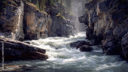 A rushing river surges through a narrow canyon, with light cascading down through the cliff walls. Rocky terrain surrounds