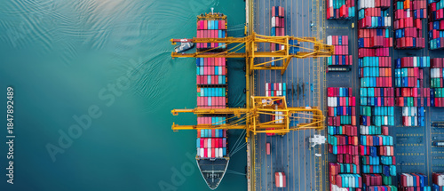 Aerial top view of container ship docked at cargo port with cranes loading colorful containers. Concept of global trade, shipping logistics, maritime transport and supply chain operations.