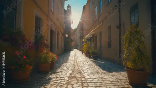 Narrow European Cobblestone Street with Sunshine and Potted Plants
